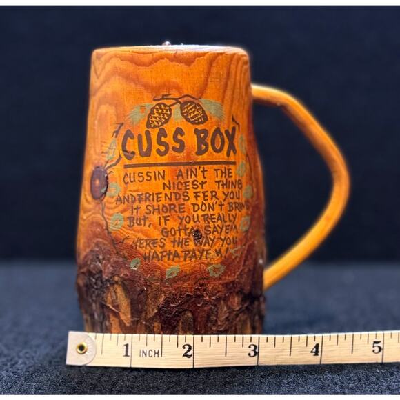 Vintage “Cuss Box” Wooden Mug – Rustic Folk Art Gag Gift / Swear Jar Humor 1970s - Picture 2 of 6